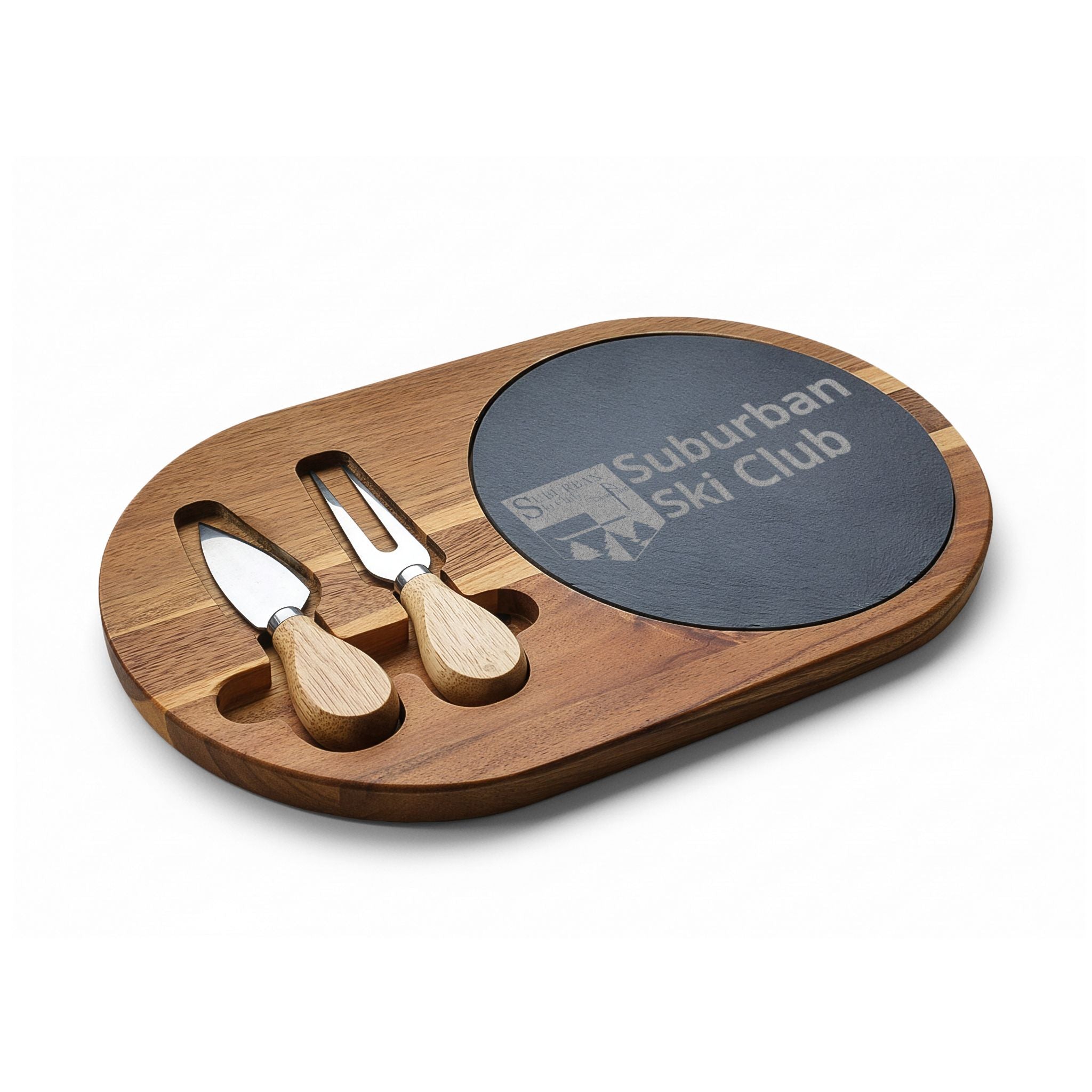 SSC Engraved Acacia Charcuterie Board with Slate Insert & Cheese Tools