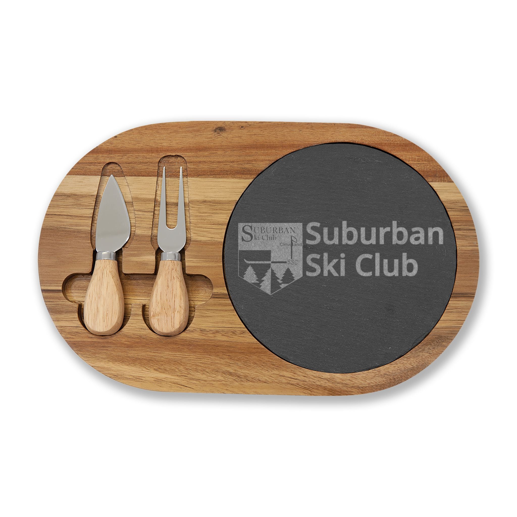 SSC Engraved Acacia Charcuterie Board with Slate Insert & Cheese Tools